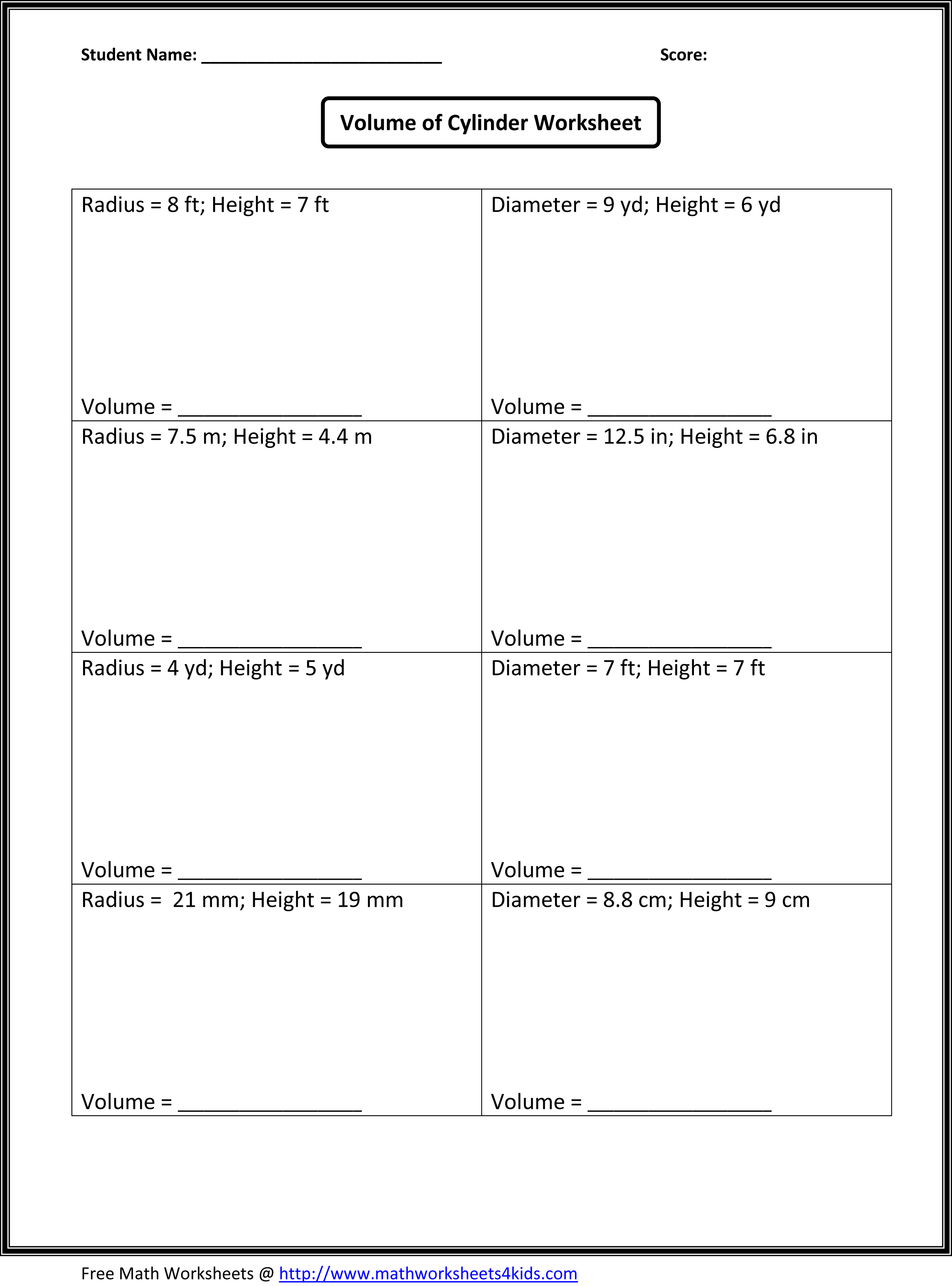 7th Grade Math Volume Worksheets