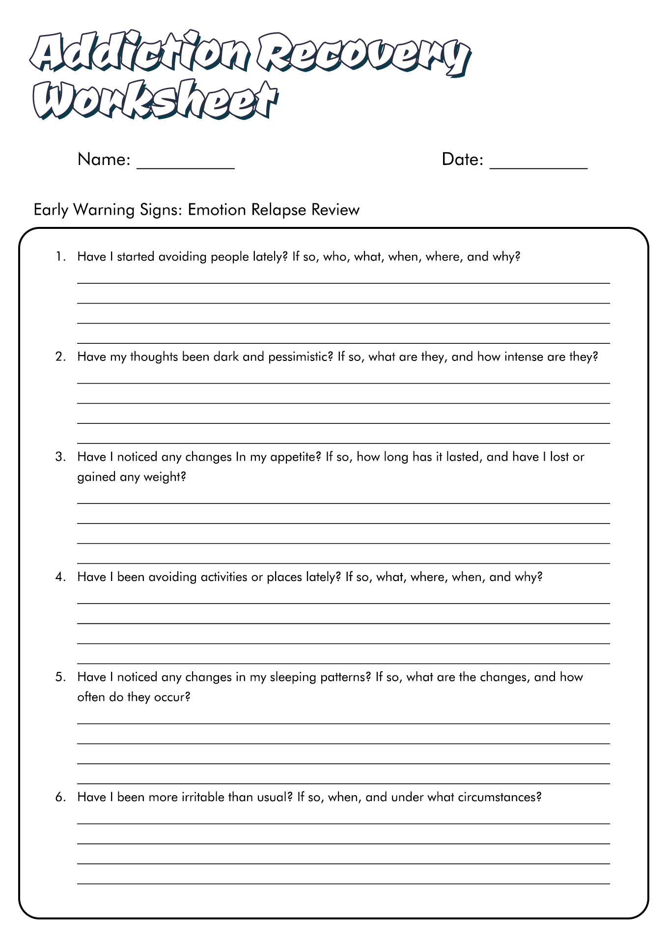 Recovery From Addiction Worksheets