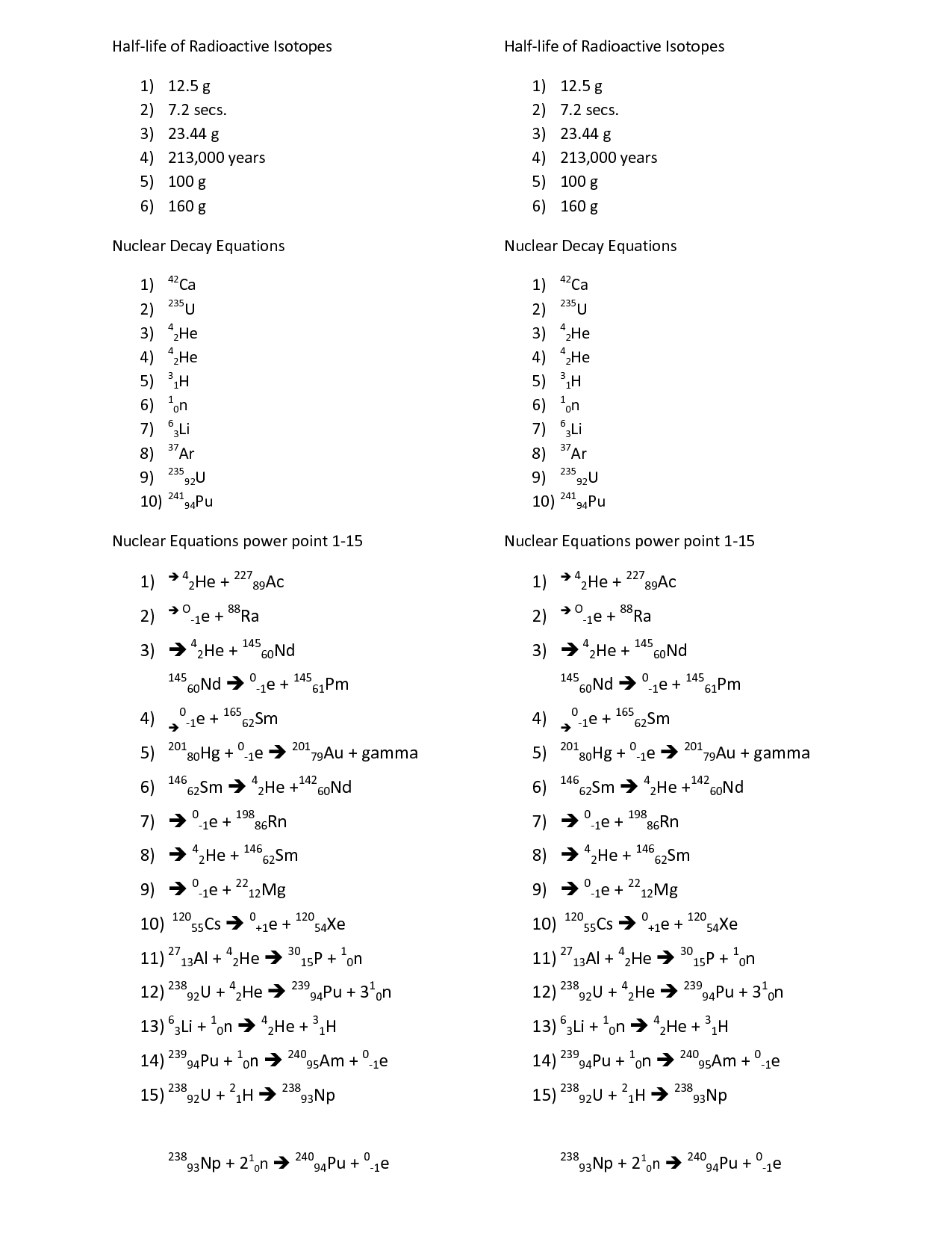 Balancing Nuclear Equations Worksheet