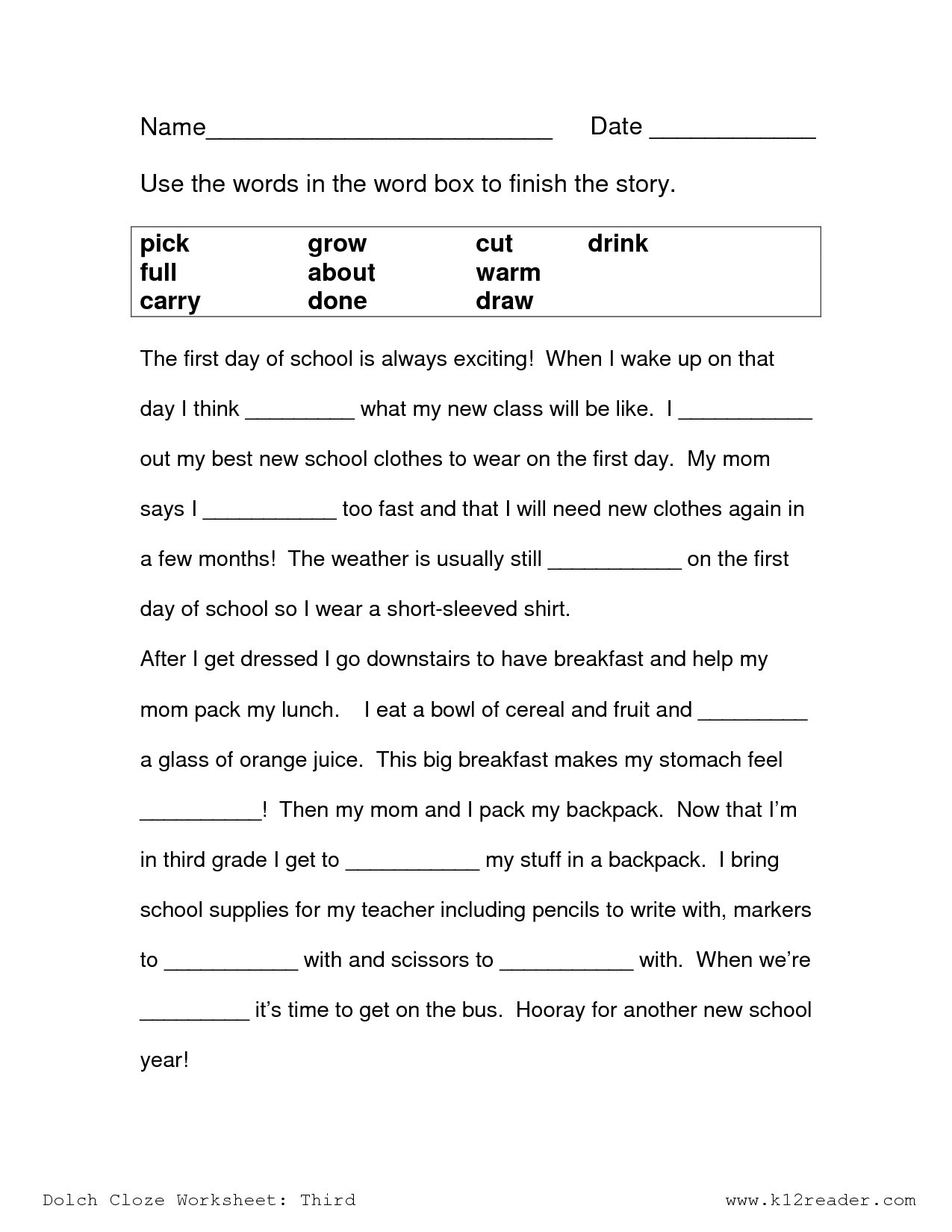 Cloze Passages Worksheets 3rd Grade