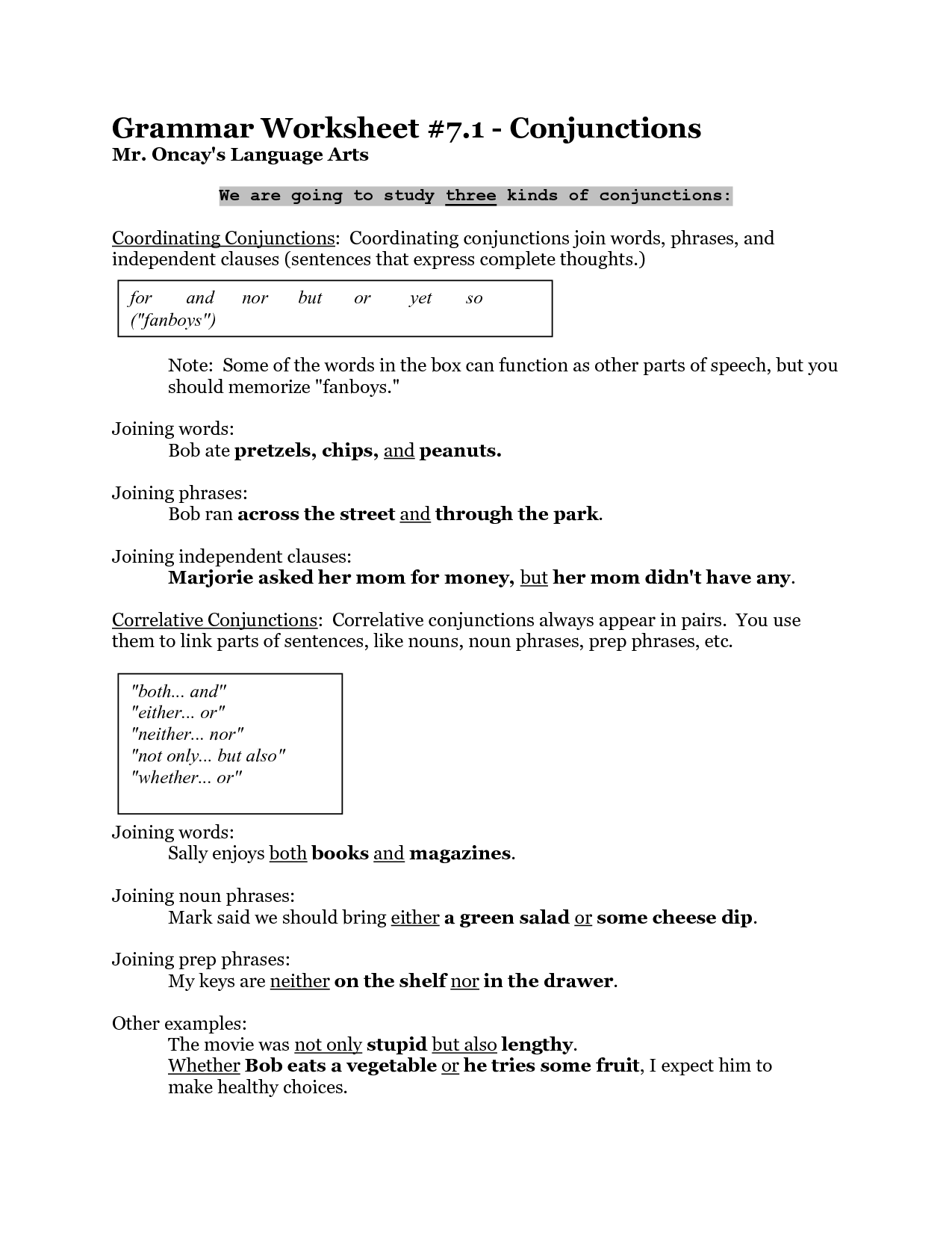 Softschools Conjunctions Worksheet