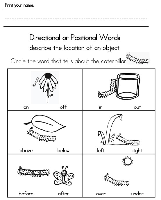 Kindergarten Positional Words Worksheets