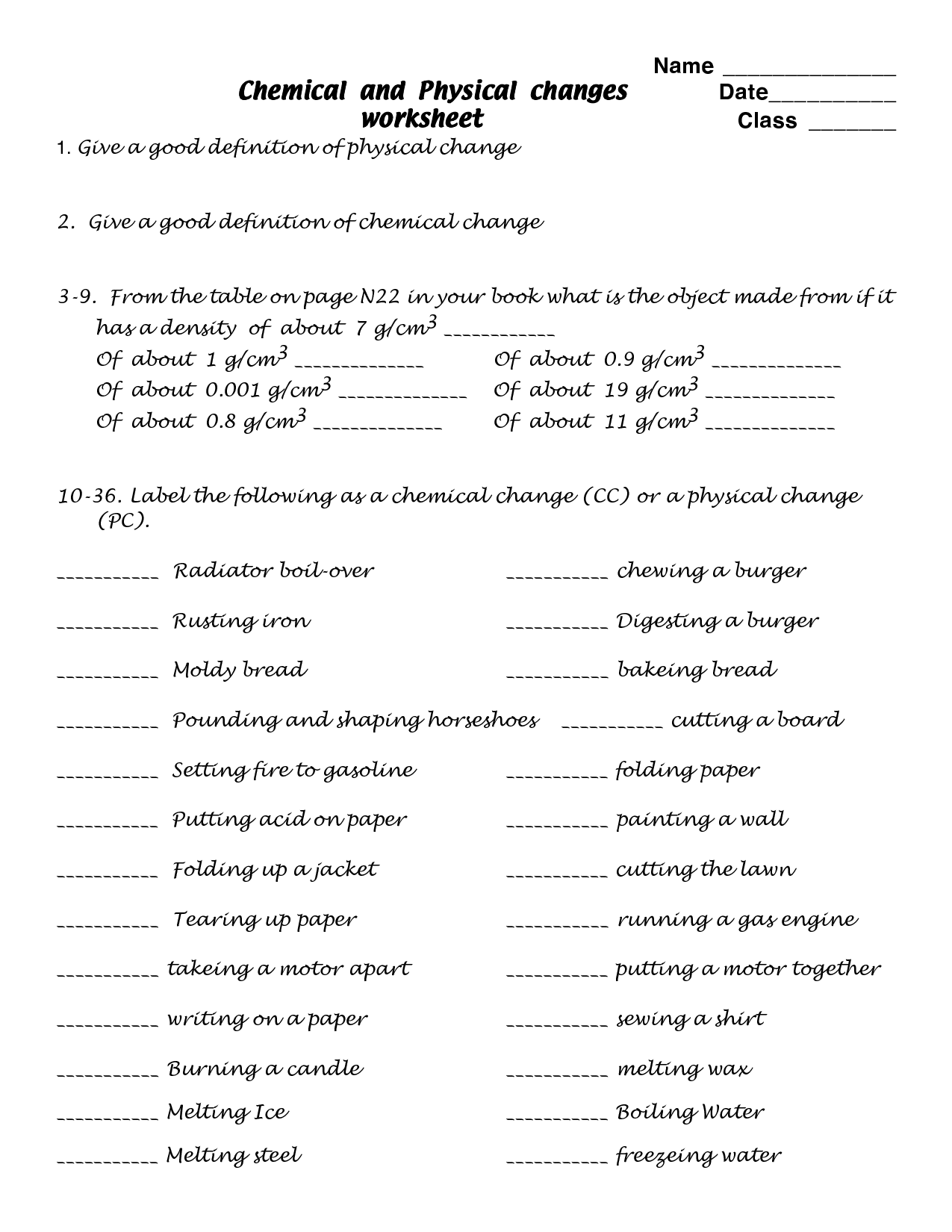 Physical Properties and Chemical Changes Worksheet