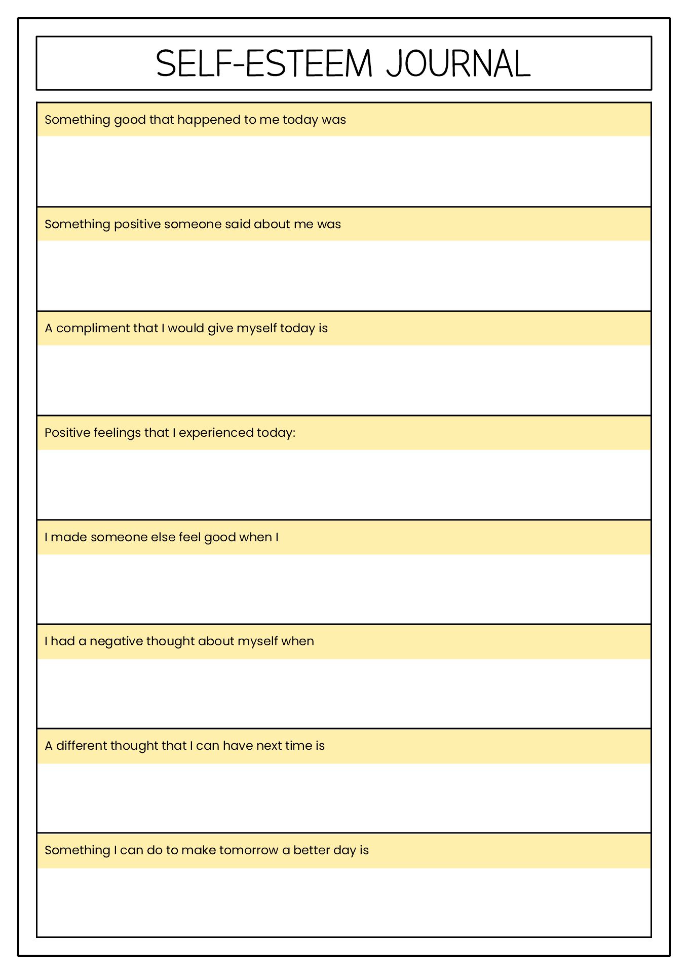 Self-Esteem Journal Worksheet