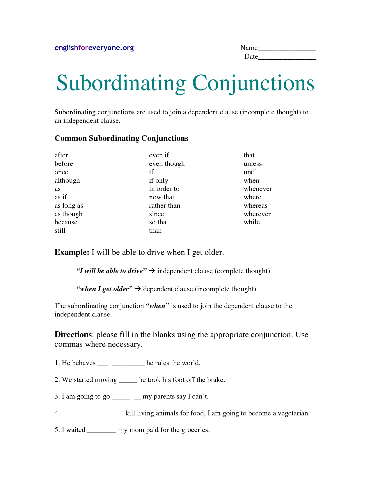 Subordinating Conjunctions Worksheets For High School