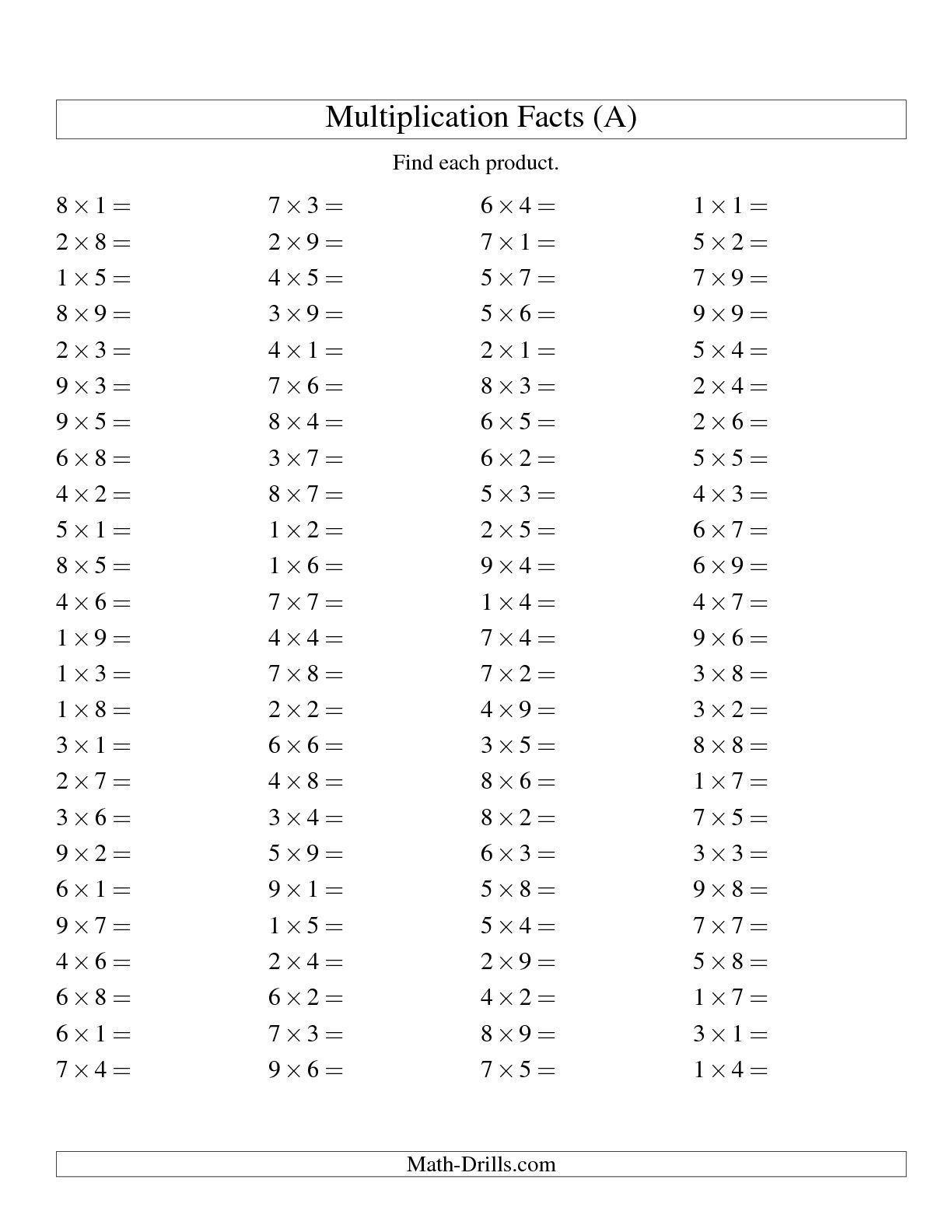 Multiplication Facts Worksheets To 100