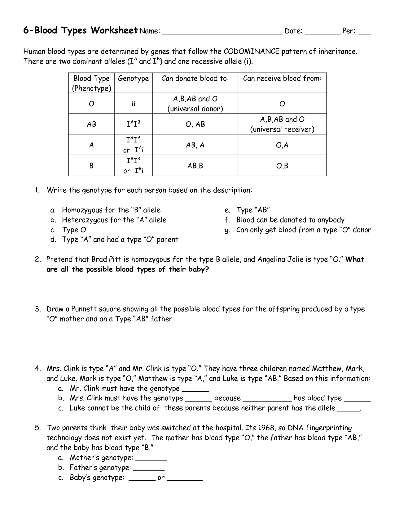 Codominance Worksheet Blood Types Answers