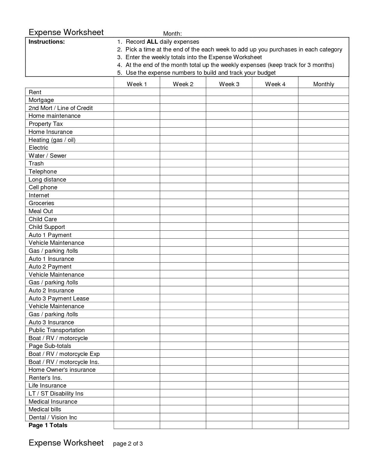 Blank Monthly Expense Worksheet