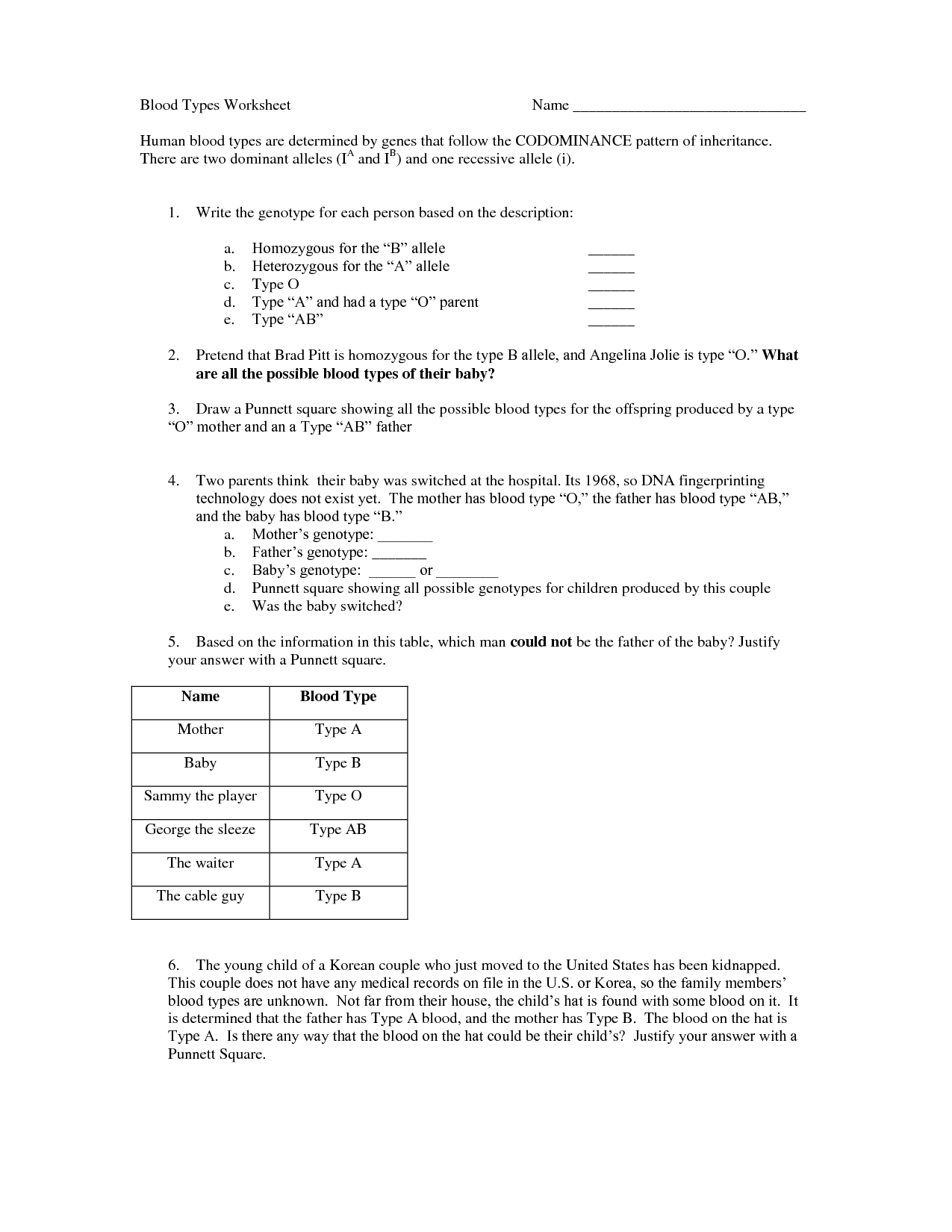 Blood Types Worksheet Answers