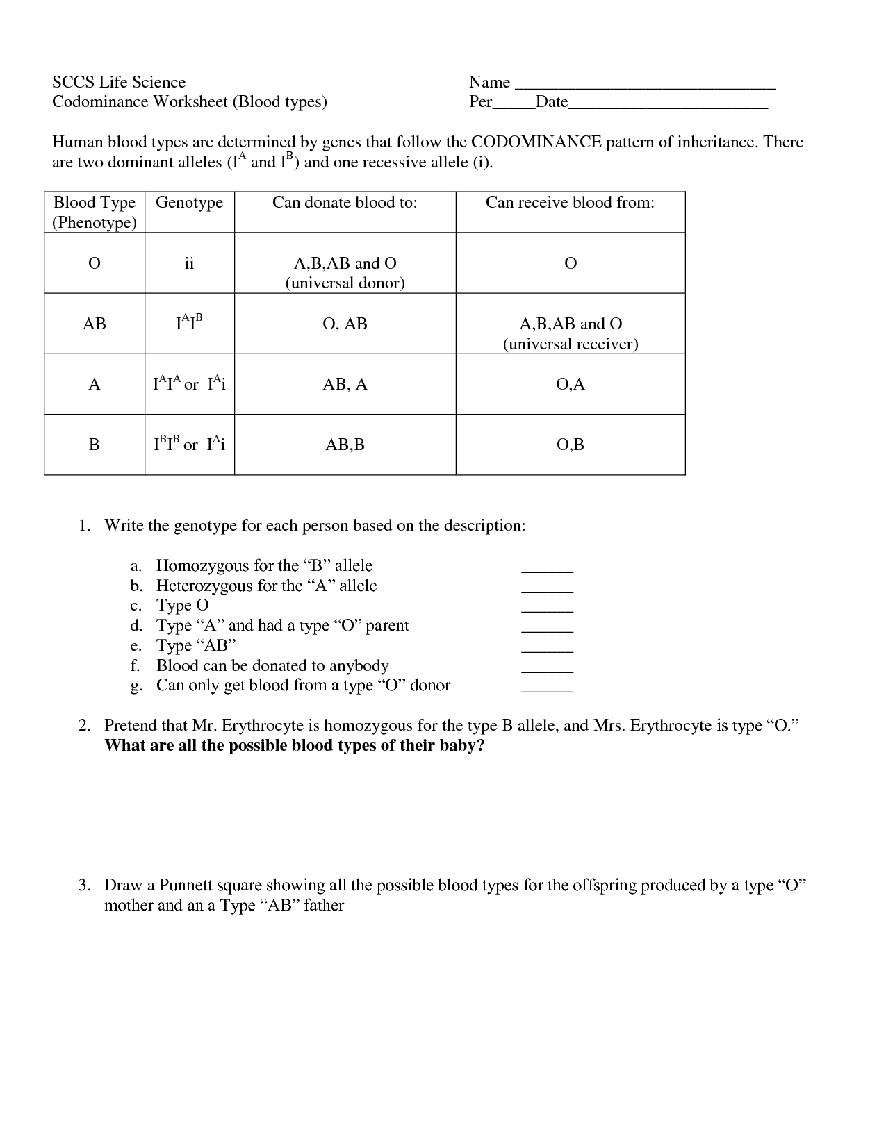 Blood Type Punnett Square Worksheet Answer Key