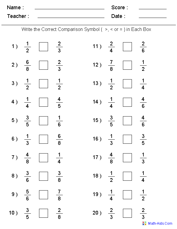 Comparing Fractions Worksheets 4th Grade
