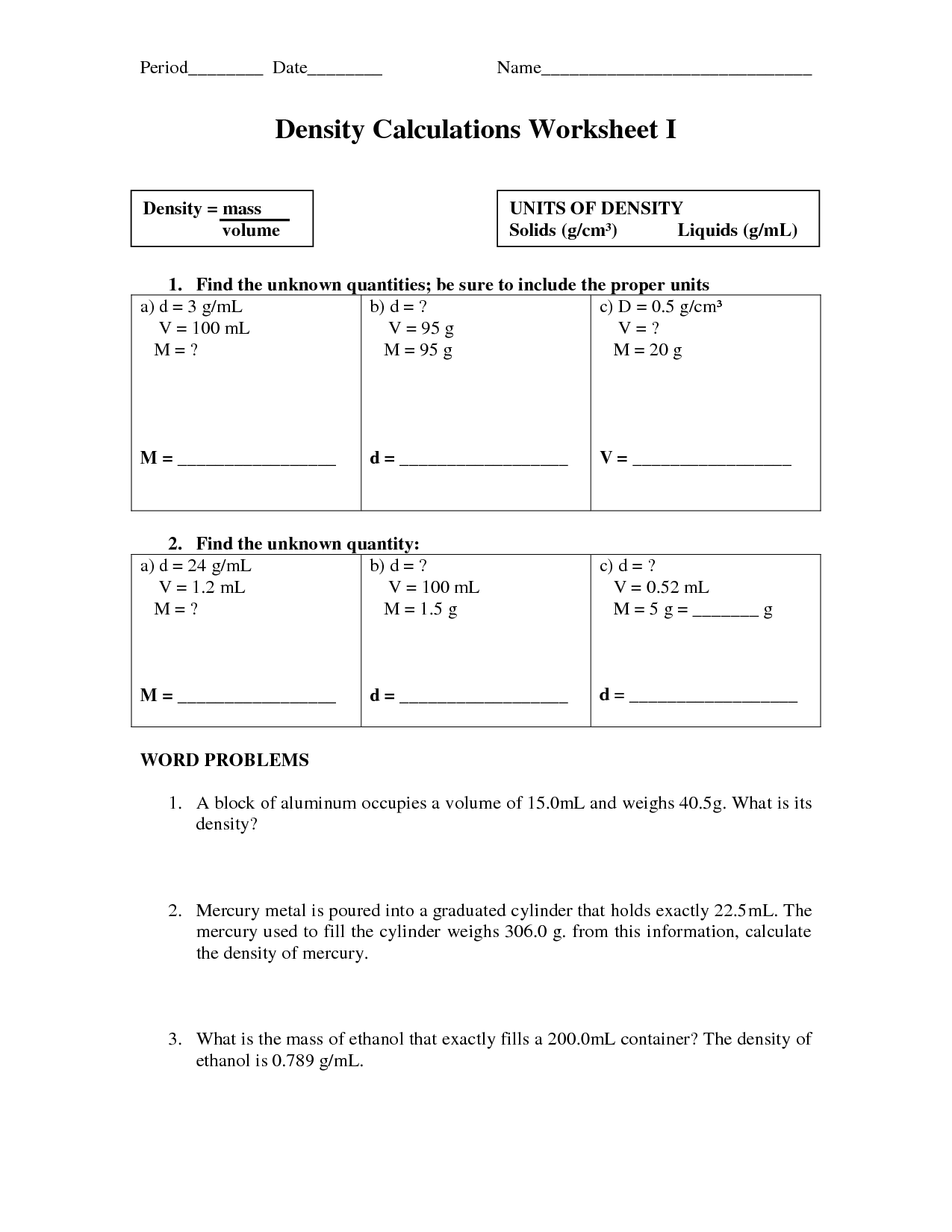Density Problems Worksheet Throughout Density Calculations Worksheet Answers