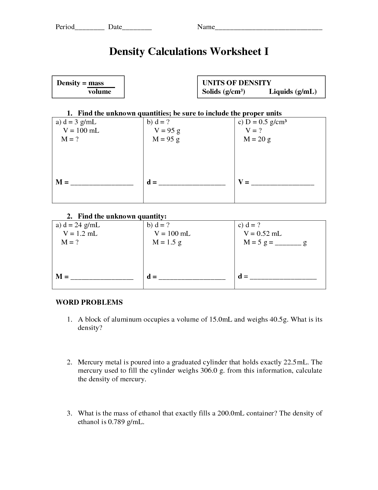 Density Practice Problems Worksheet