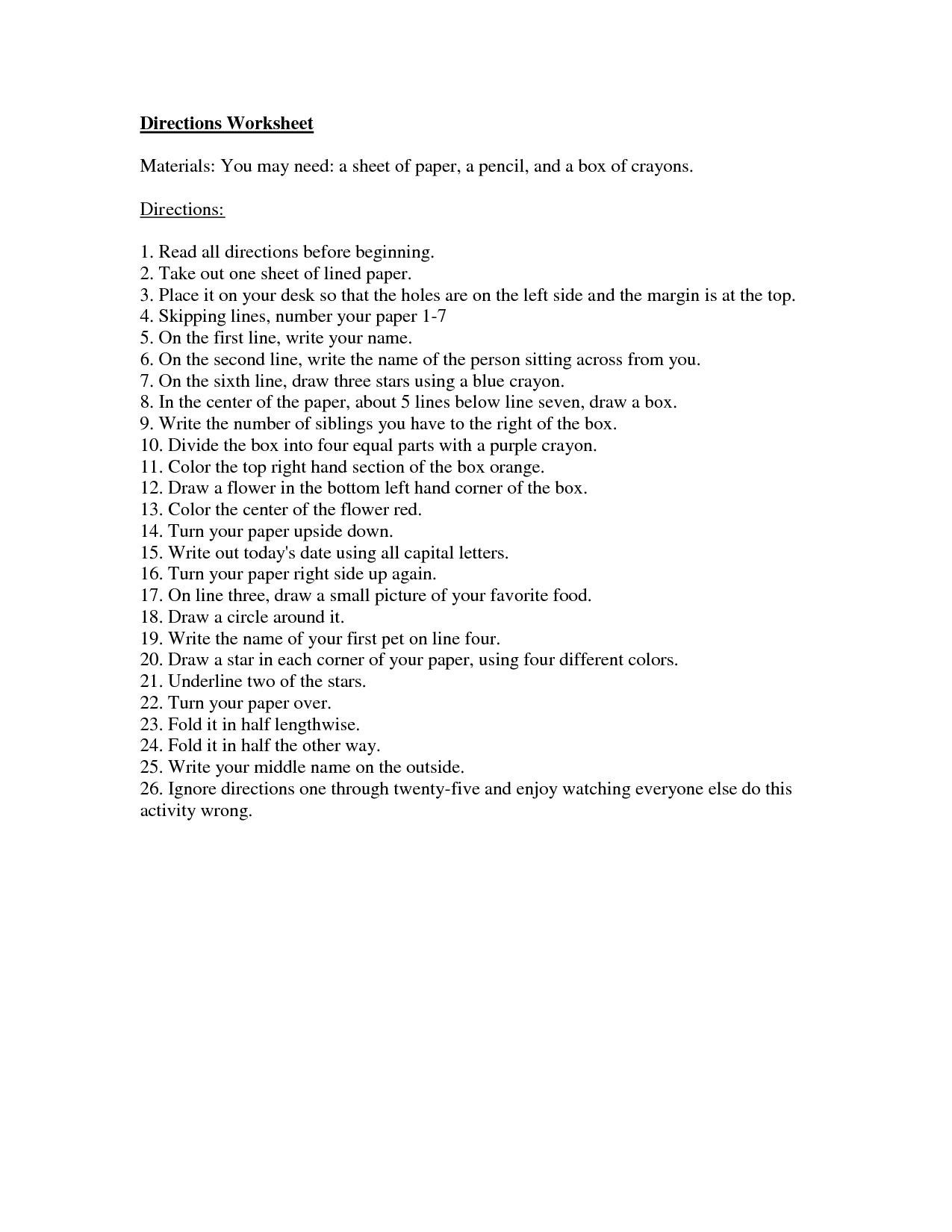 Following Directions Worksheet Middle School