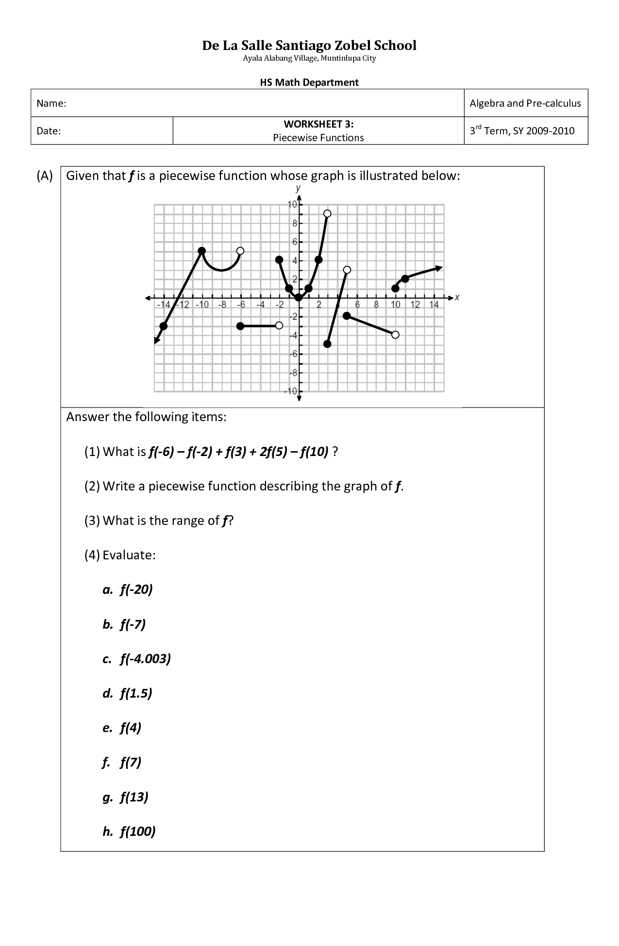 10 Best Images of Algebra 2 Piecewise Function Worksheets - Piecewise