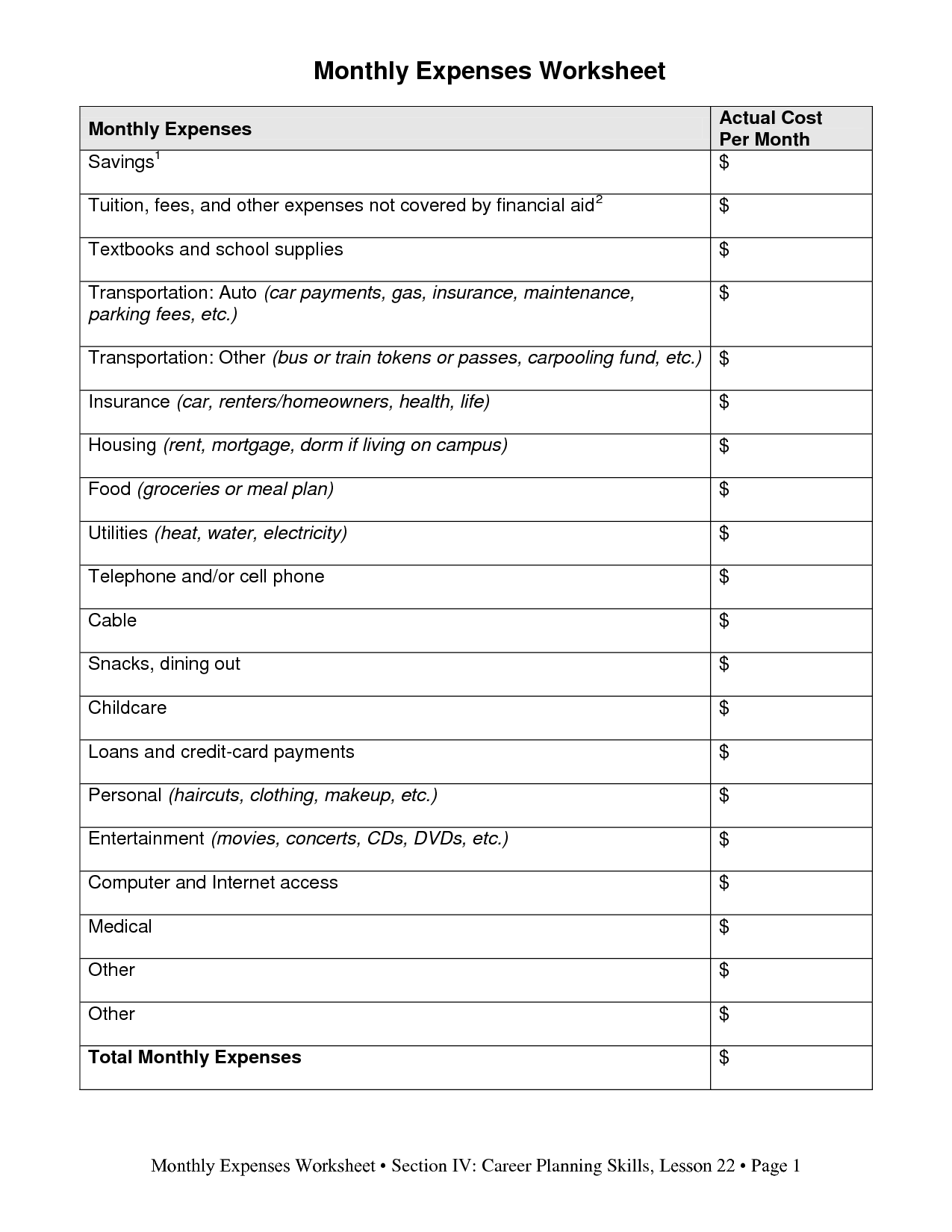 Monthly Expense Worksheet