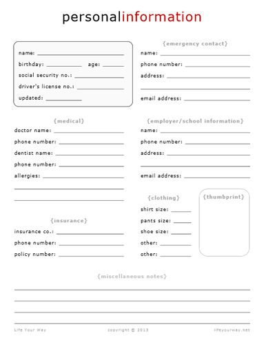 Personal Information Sheet Printable