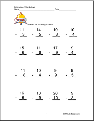 Subtraction Up To 20 Worksheets