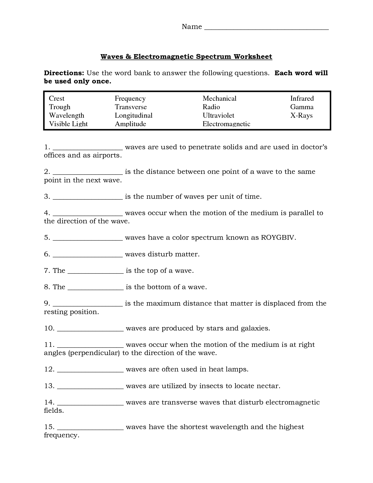 Waves and Electromagnetic Spectrum Worksheet Answers