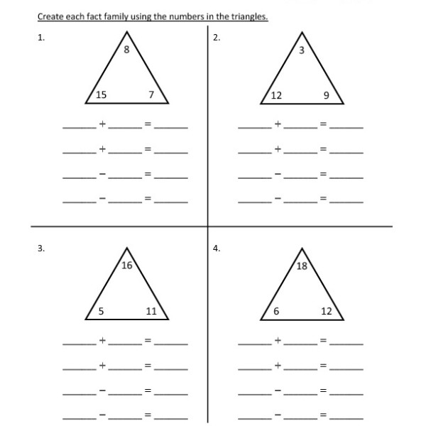 Addition and Subtraction Fact Family Worksheets