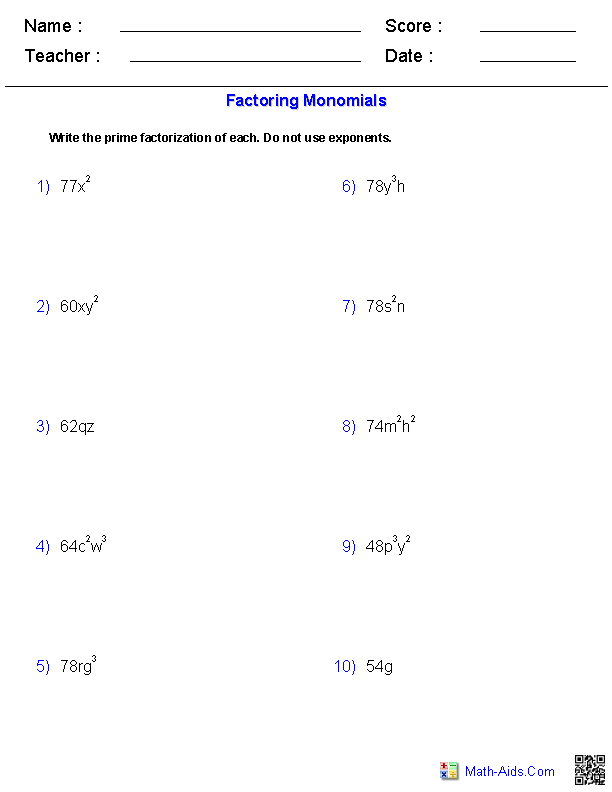 Algebra Factoring Polynomials Worksheet