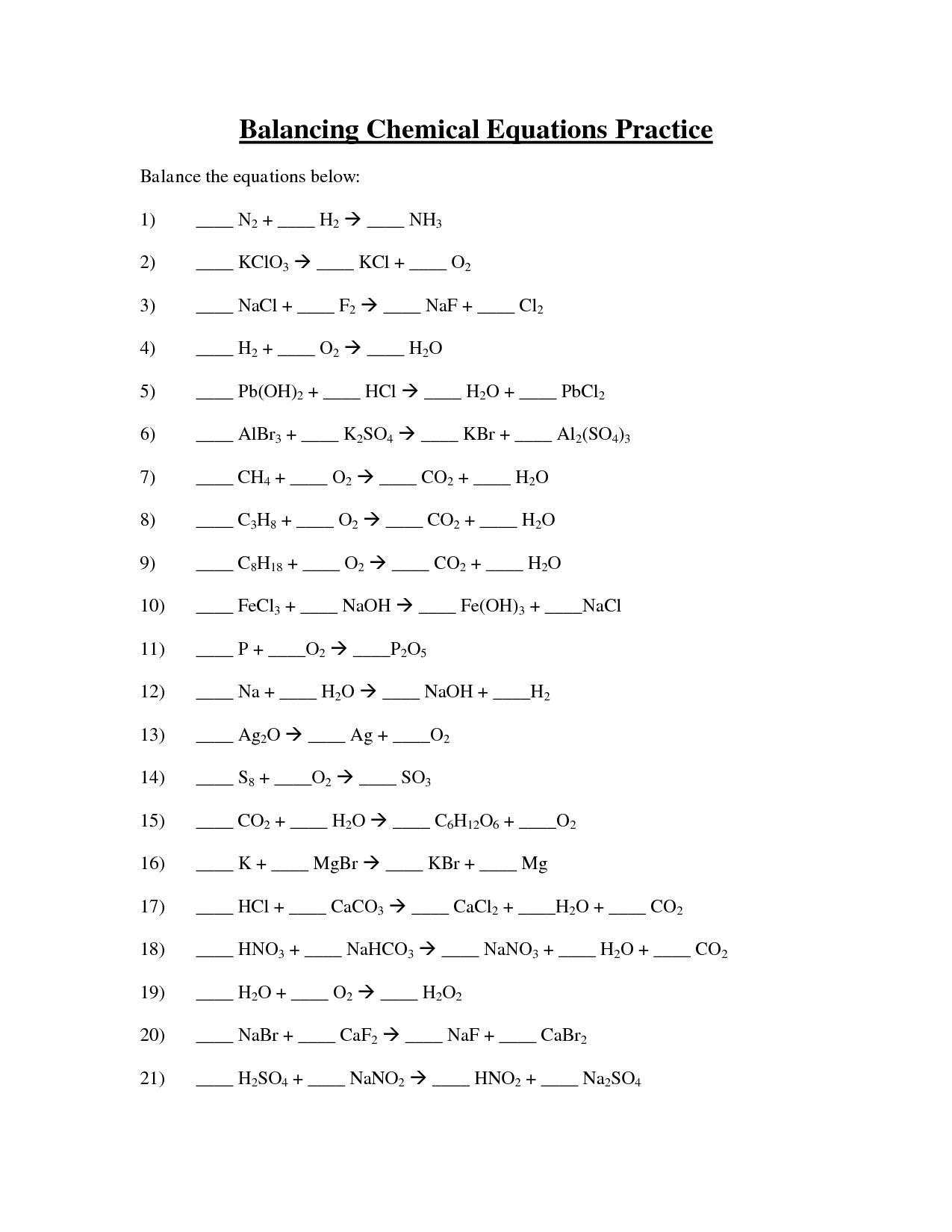 Introduction To Balancing Chemical Equations Worksheet Answer Key