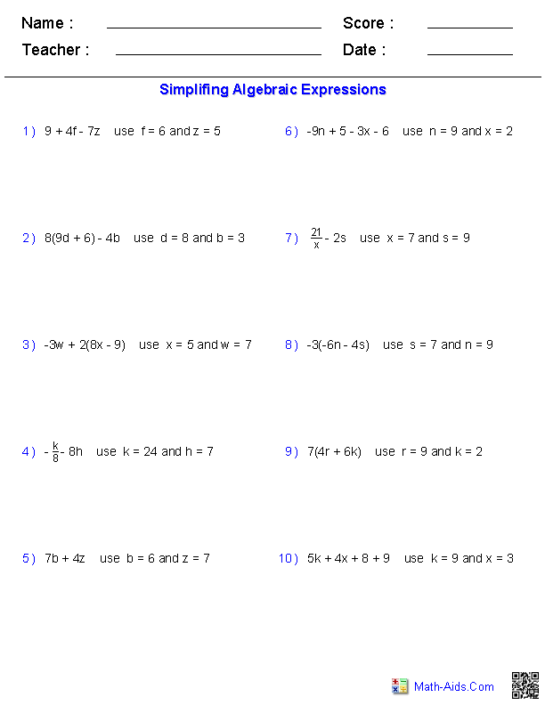 Evaluating Algebra Expressions Worksheets