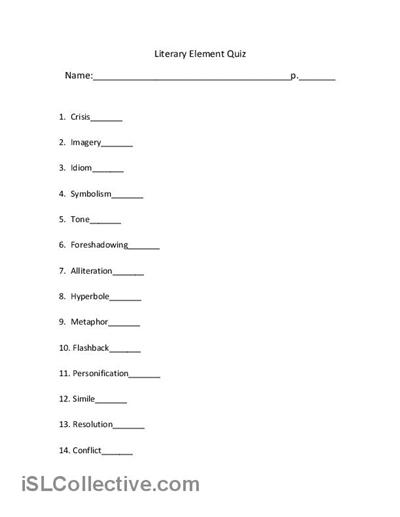High School Literary Elements Worksheet