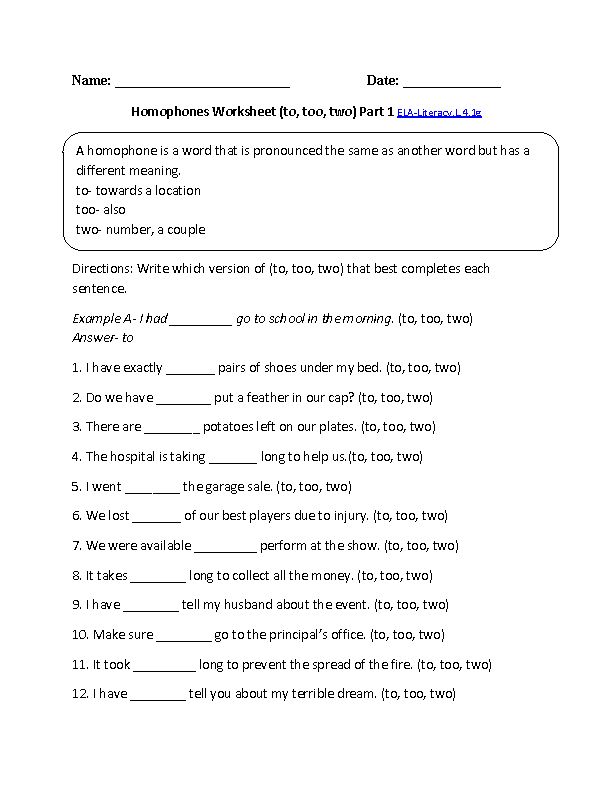 Homophone Worksheets 4th Grade