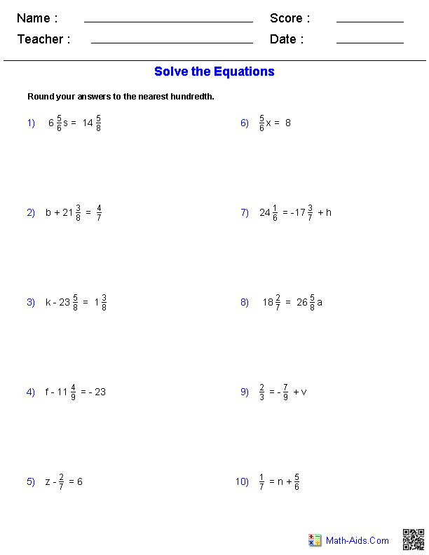 Math Algebra Equations Worksheets