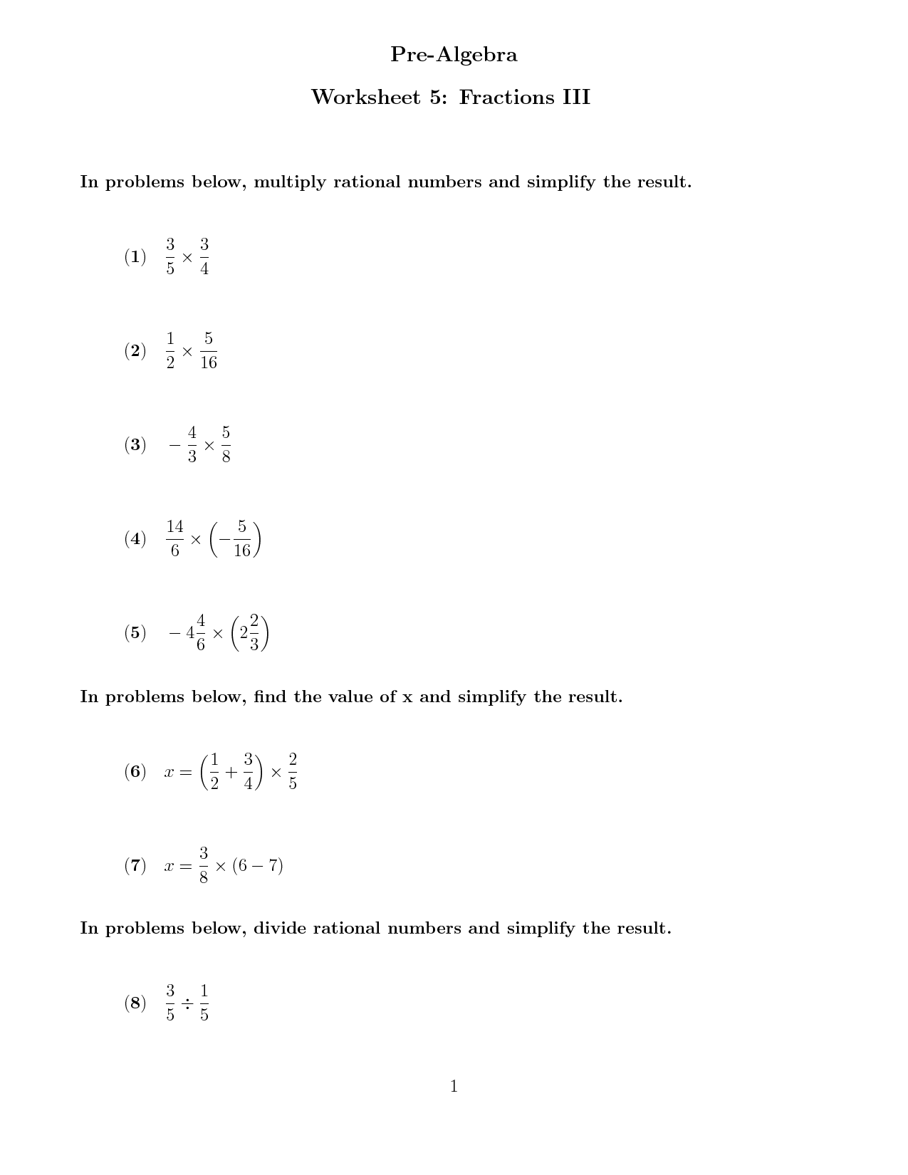 Pre-Algebra and Fractions Worksheets
