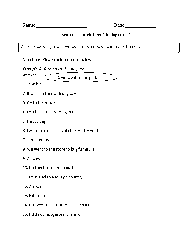 Simple Sentences Worksheets Elementary