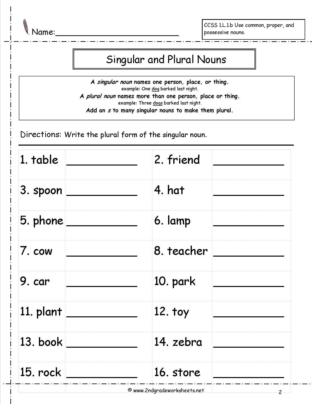 Singular Plural Nouns Worksheets Middle School