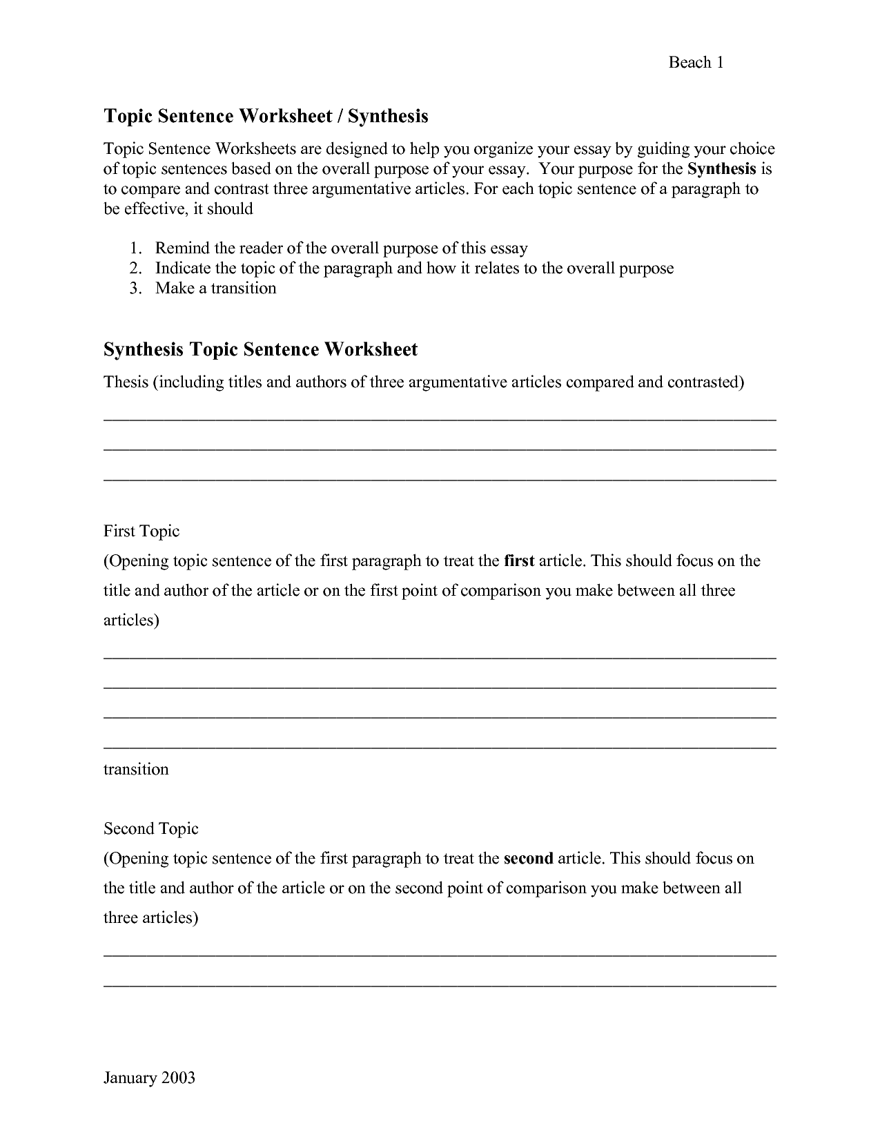 Writing Topic Sentences Worksheets Middle School