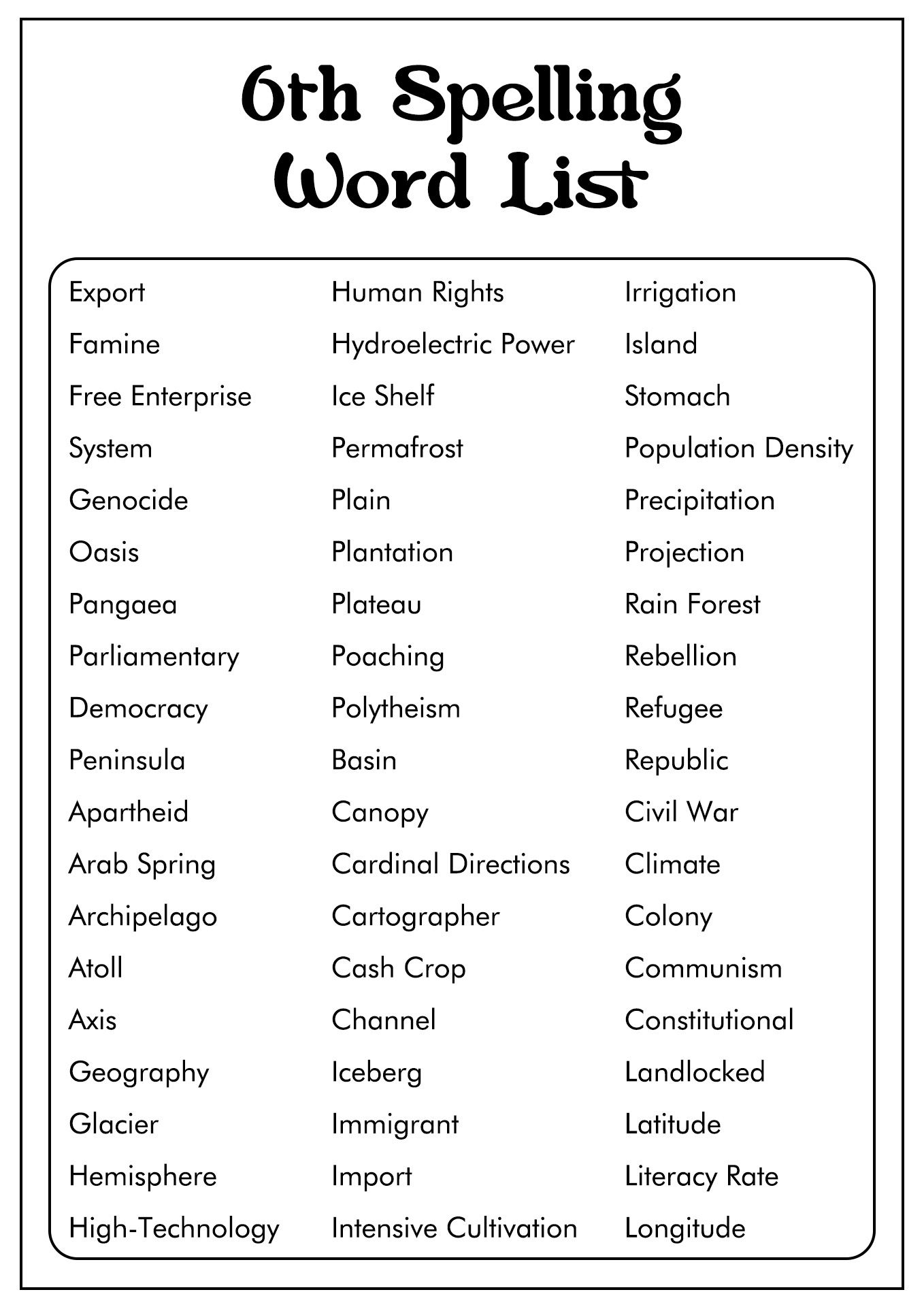 6th Grade Vocabulary Word Lists