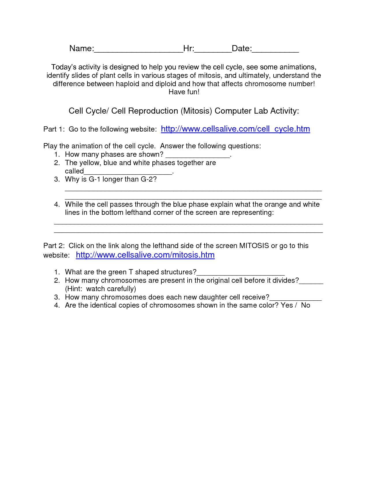 Cell Cycle and Mitosis Worksheet Answer Key