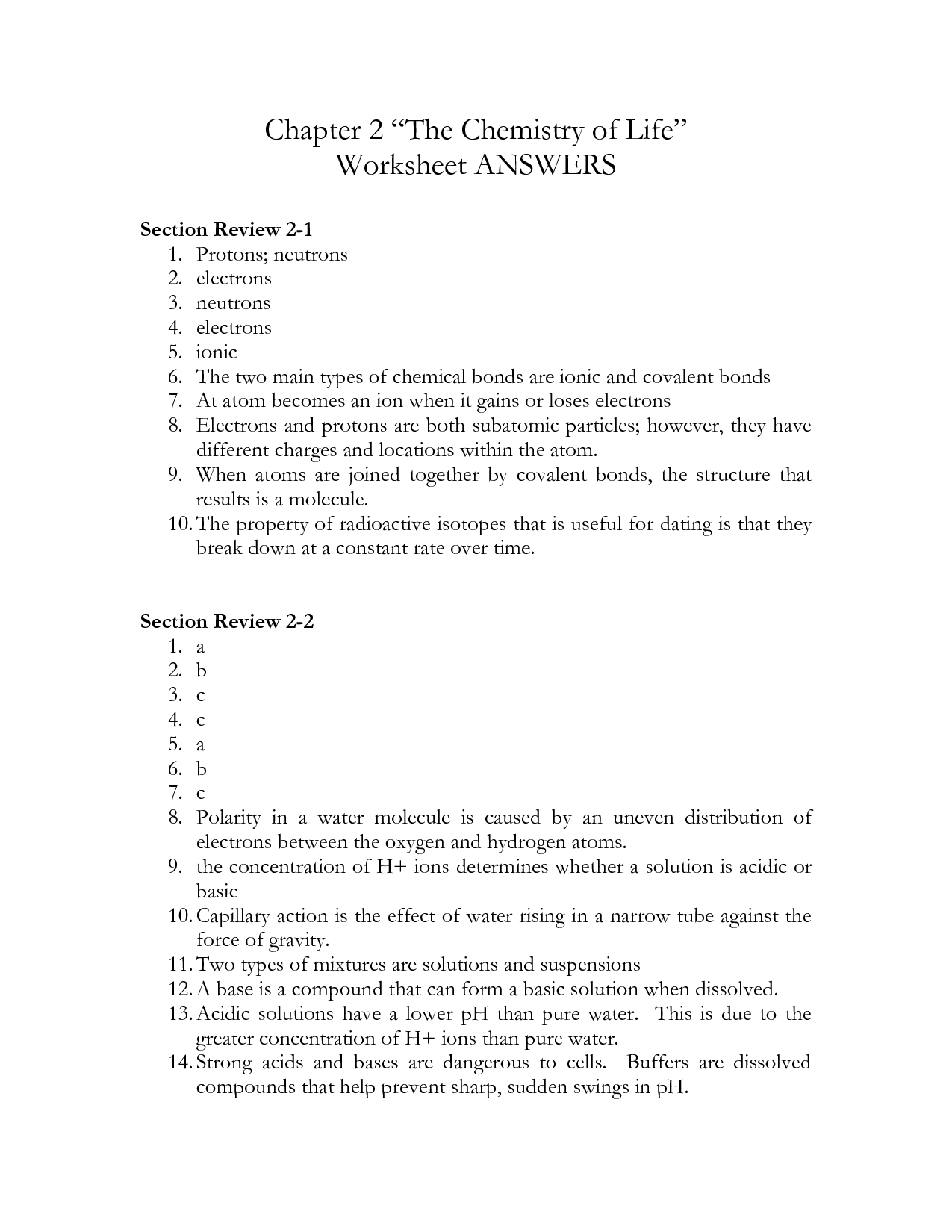 Chemistry Of Life Worksheet