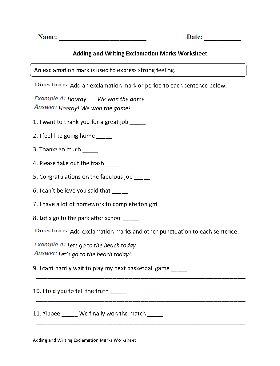 Exclamation Mark Worksheets