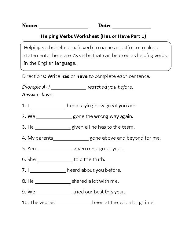 Main And Helping Verbs Worksheets Grade 5