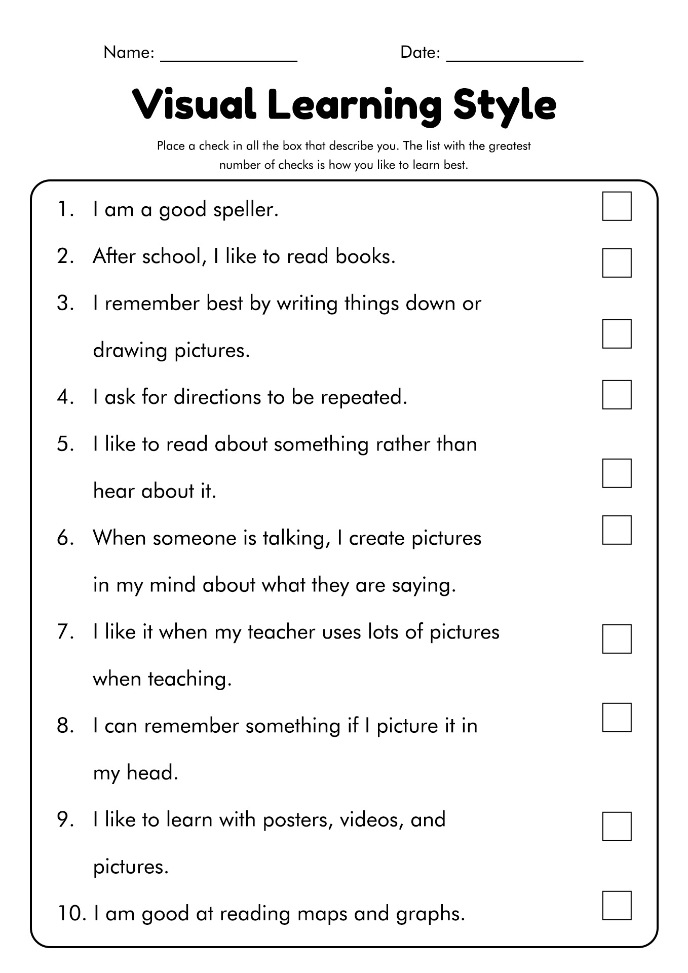 learning style inventory worksheet
