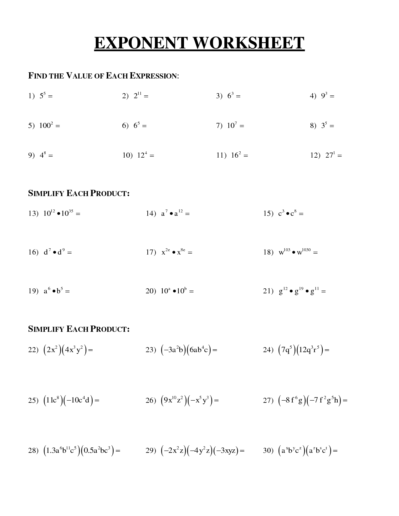 Multiplication Properties Of Exponents Worksheet