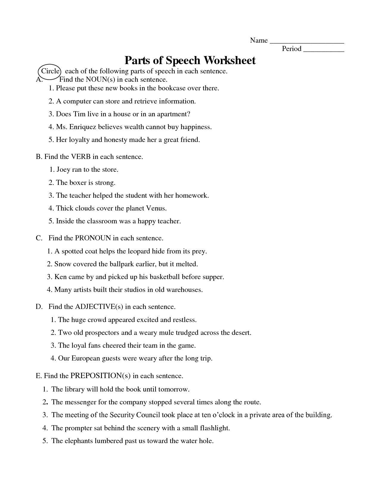 Identifying Parts Of Speech In Sentences Quiz