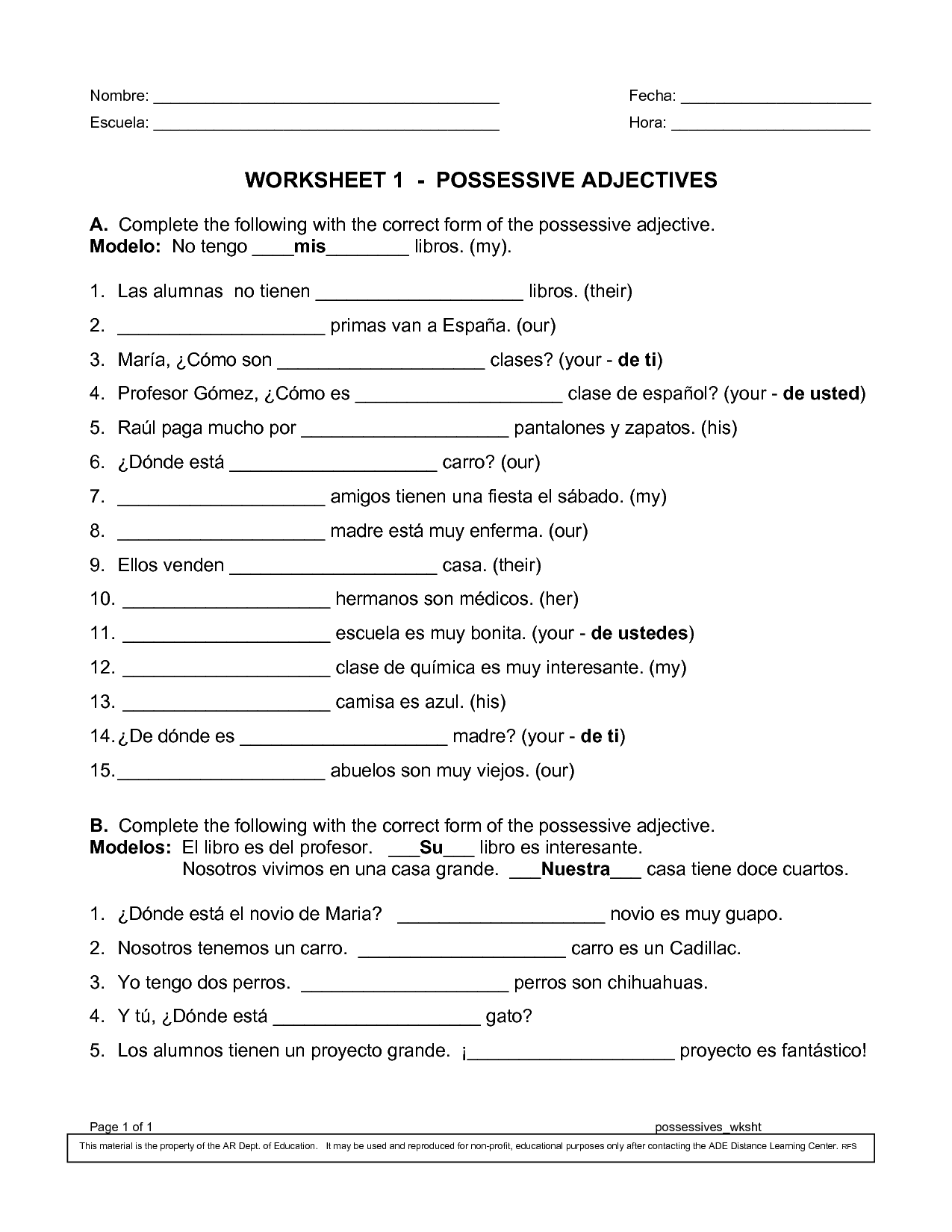 Spanish Possessive Pronouns And Adjectives Worksheet