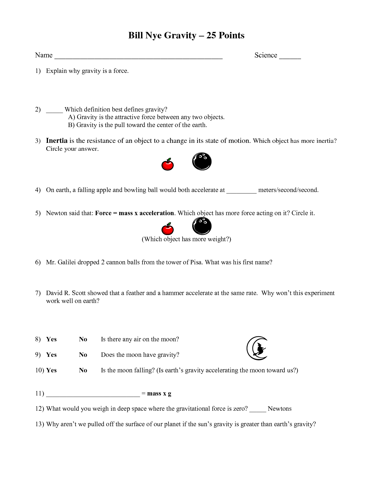 Bill Nye and Gravity Worksheet Answers
