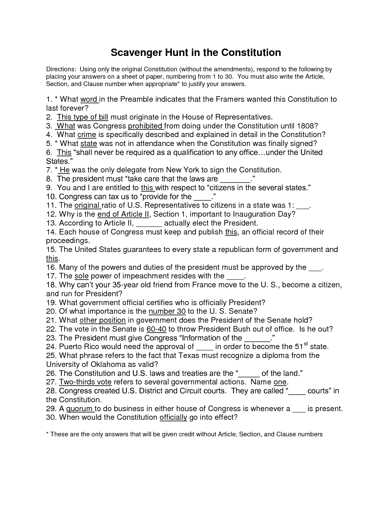 The Us Constitution Worksheet Answers