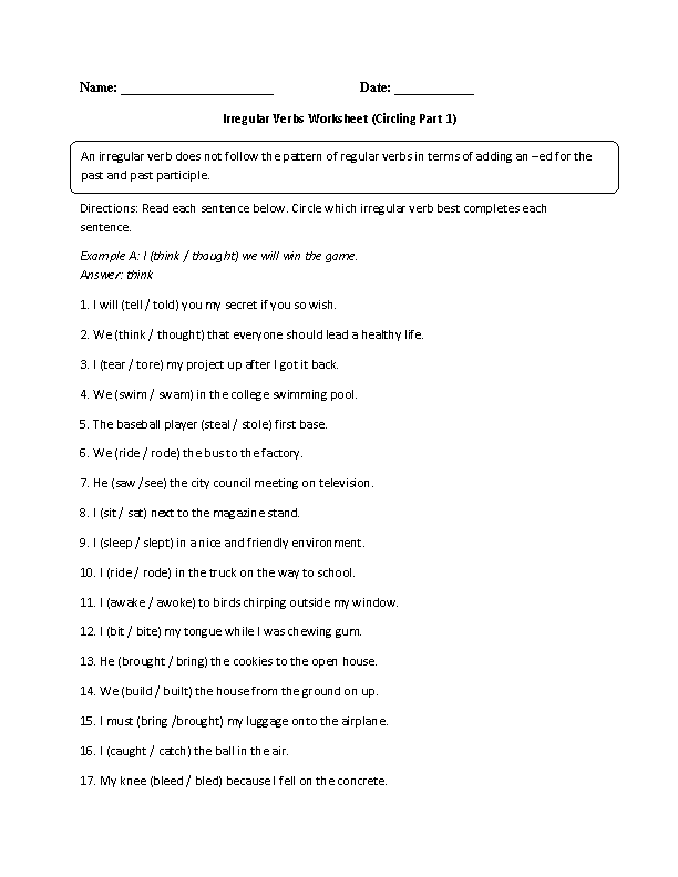 Irregular Verb Worksheets 4th Grade