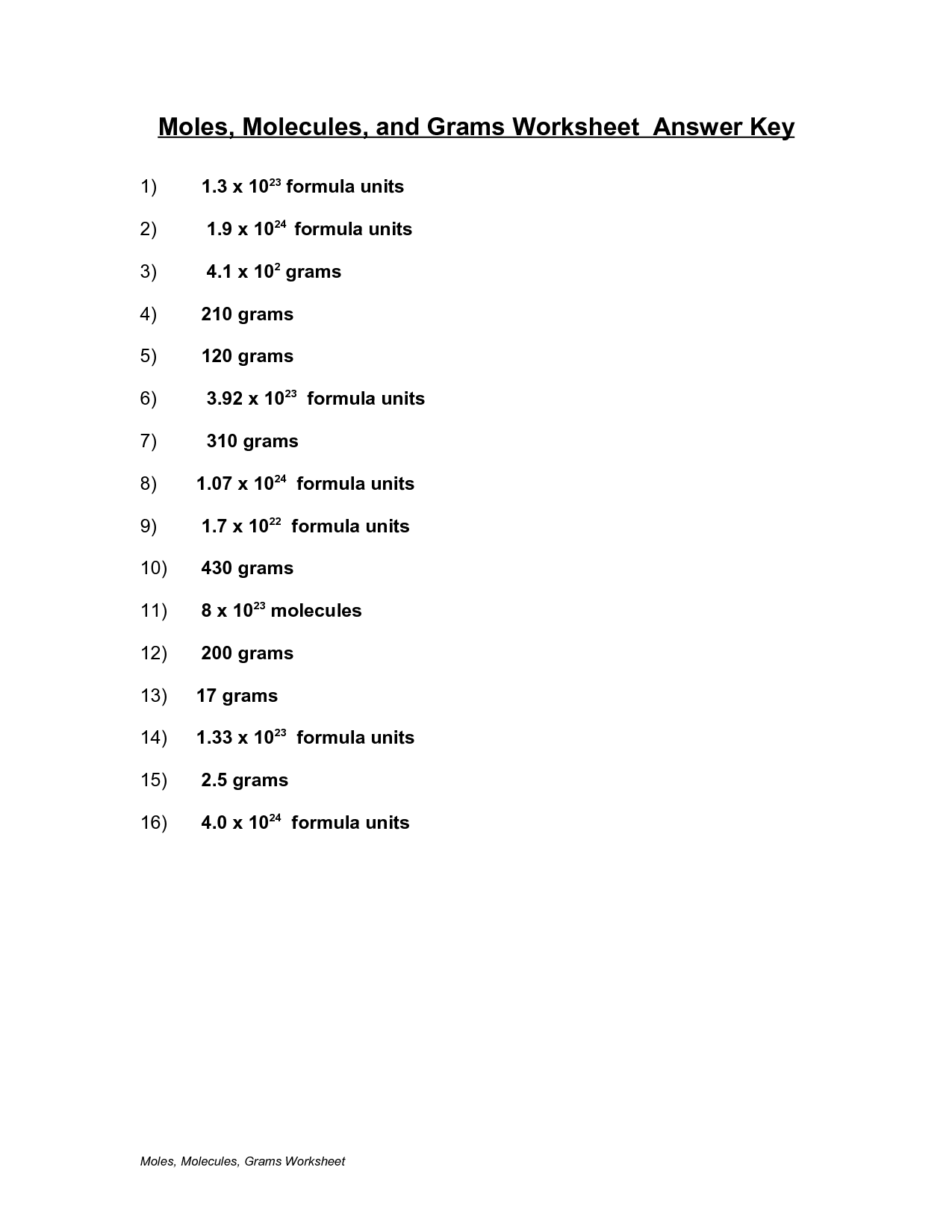 16 Best Images of Mole To Mole Worksheets  Mole Molecules and Grams Worksheet Answer Key 