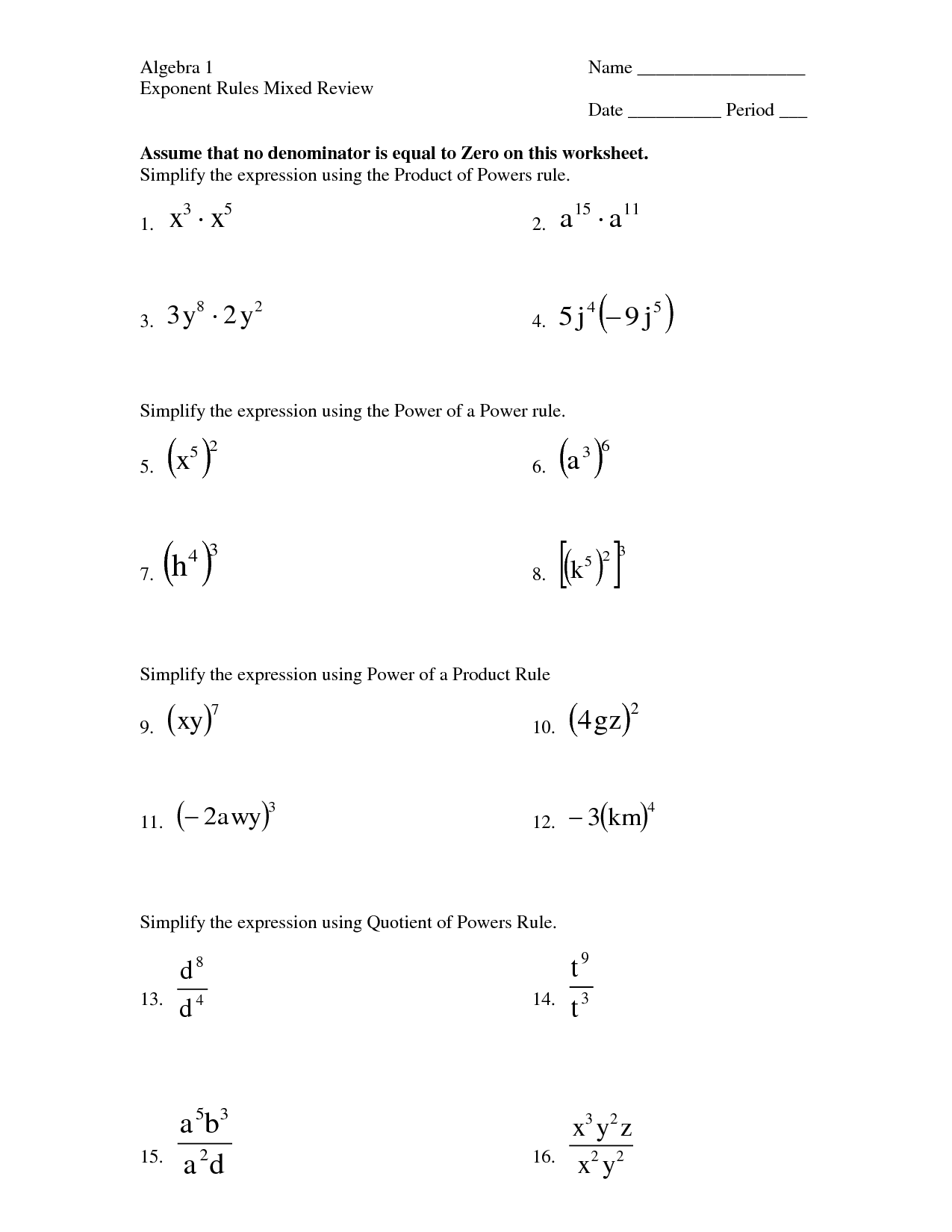 Evaluating Laws Of Exponents Multiplication Worksheets