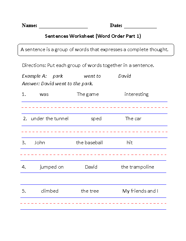 Word Order And Sentence Worksheet For Class 3