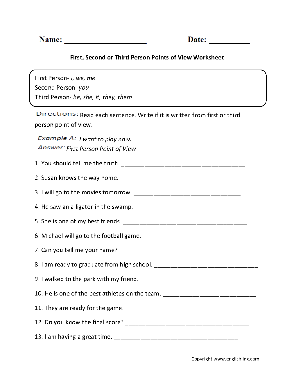Third Person Point of View Worksheets
